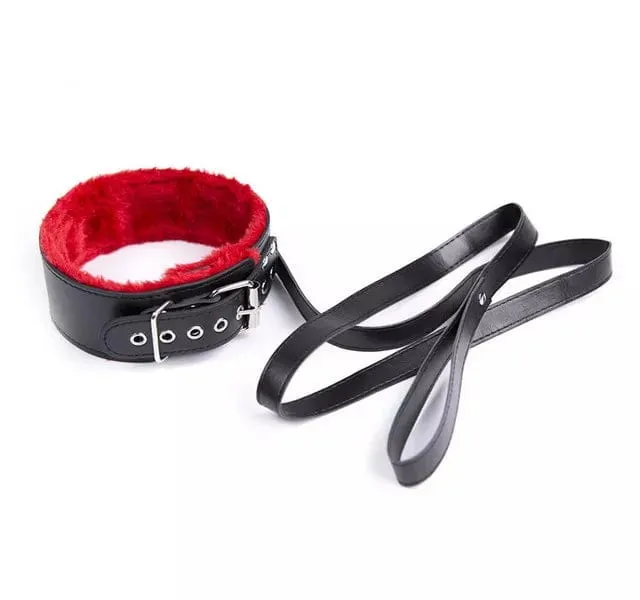 0975DL      Red Fur Lined Bondage Slave Collar and Leash Set