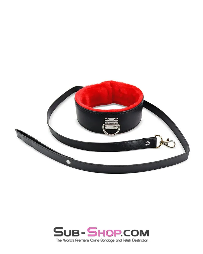 0975DL      Red Fur Lined Bondage Slave Collar and Leash Set