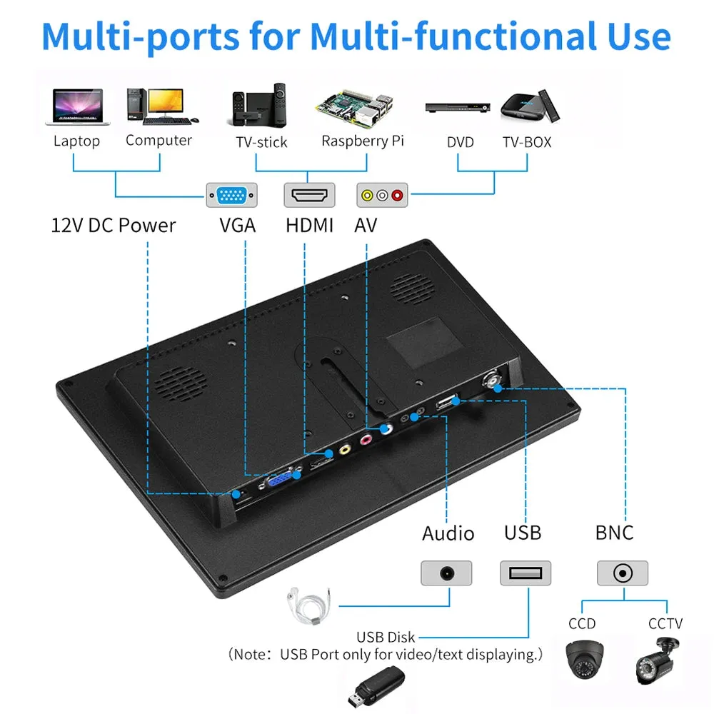 13.3" HD monitor pc 1366x768 portable monitor LCD TV Display PS4 with HDMI VGA USB AV BNC 12/10.1 inch gaming monitor