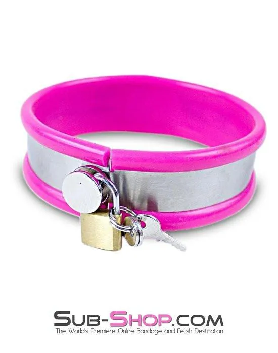 1417R-SIS      Sissy Boi Pretty Female Led Relationship Pink Rubber Lined Locking Stainless Steel Collar