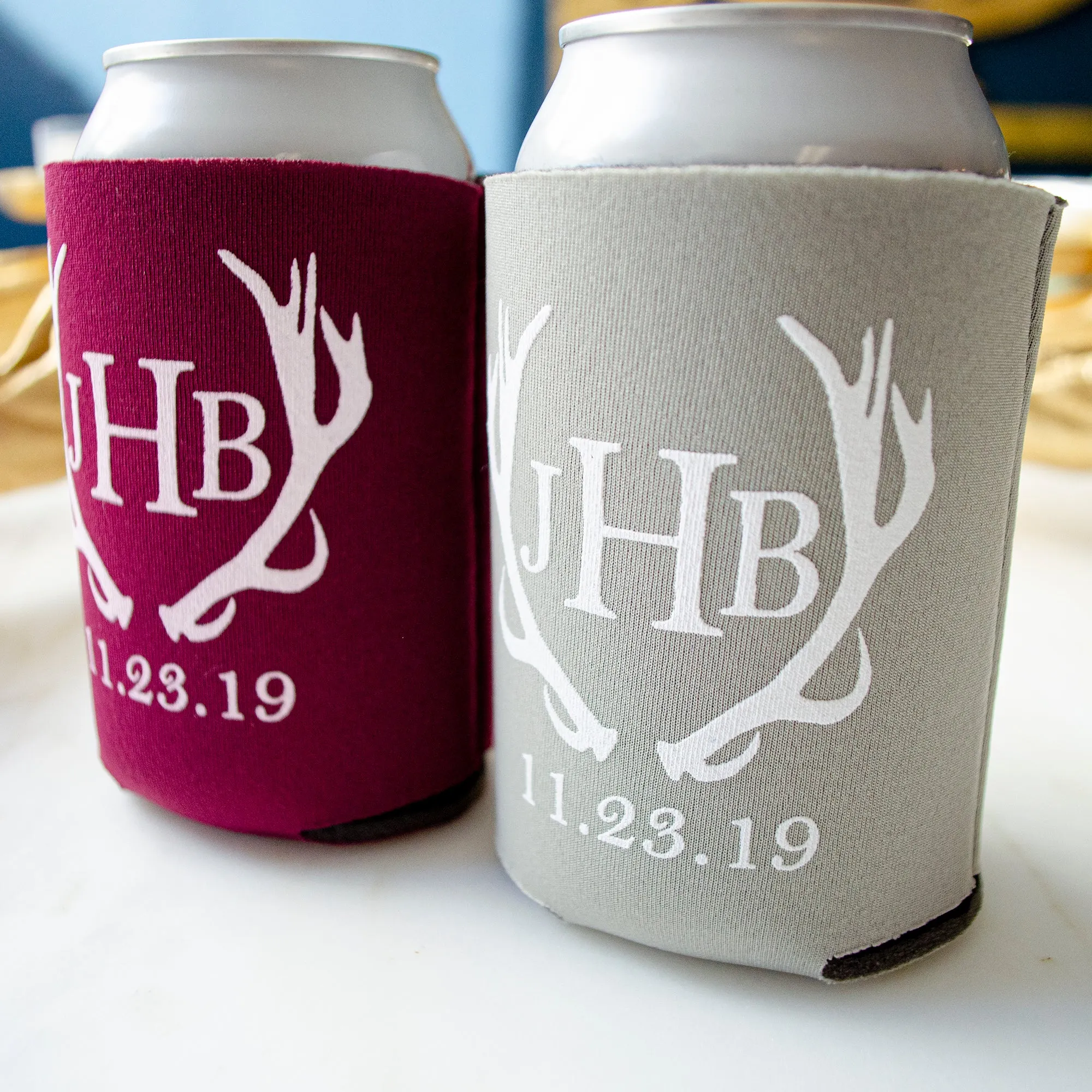 Antler Monogram Wedding Can Coolers