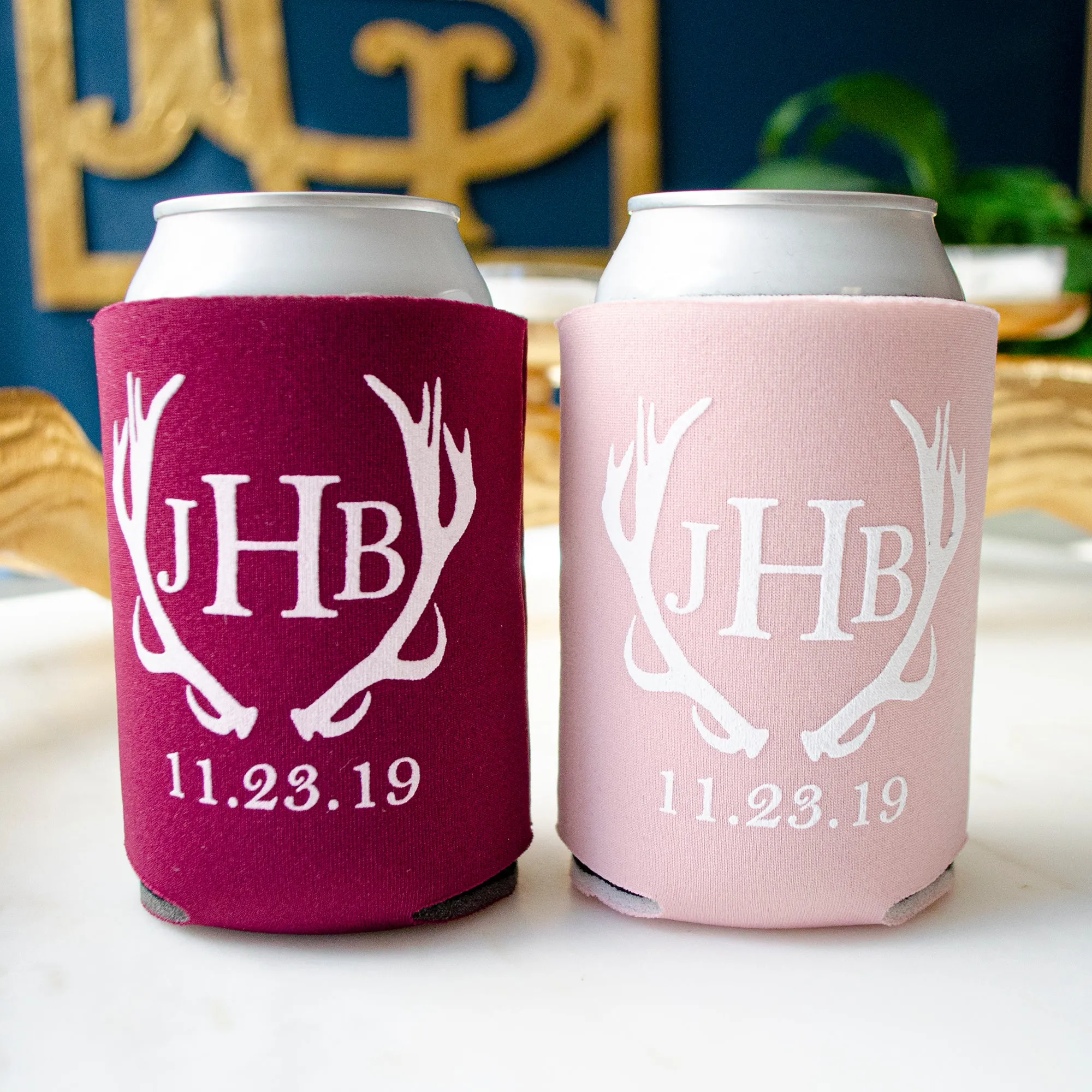 Antler Monogram Wedding Can Coolers