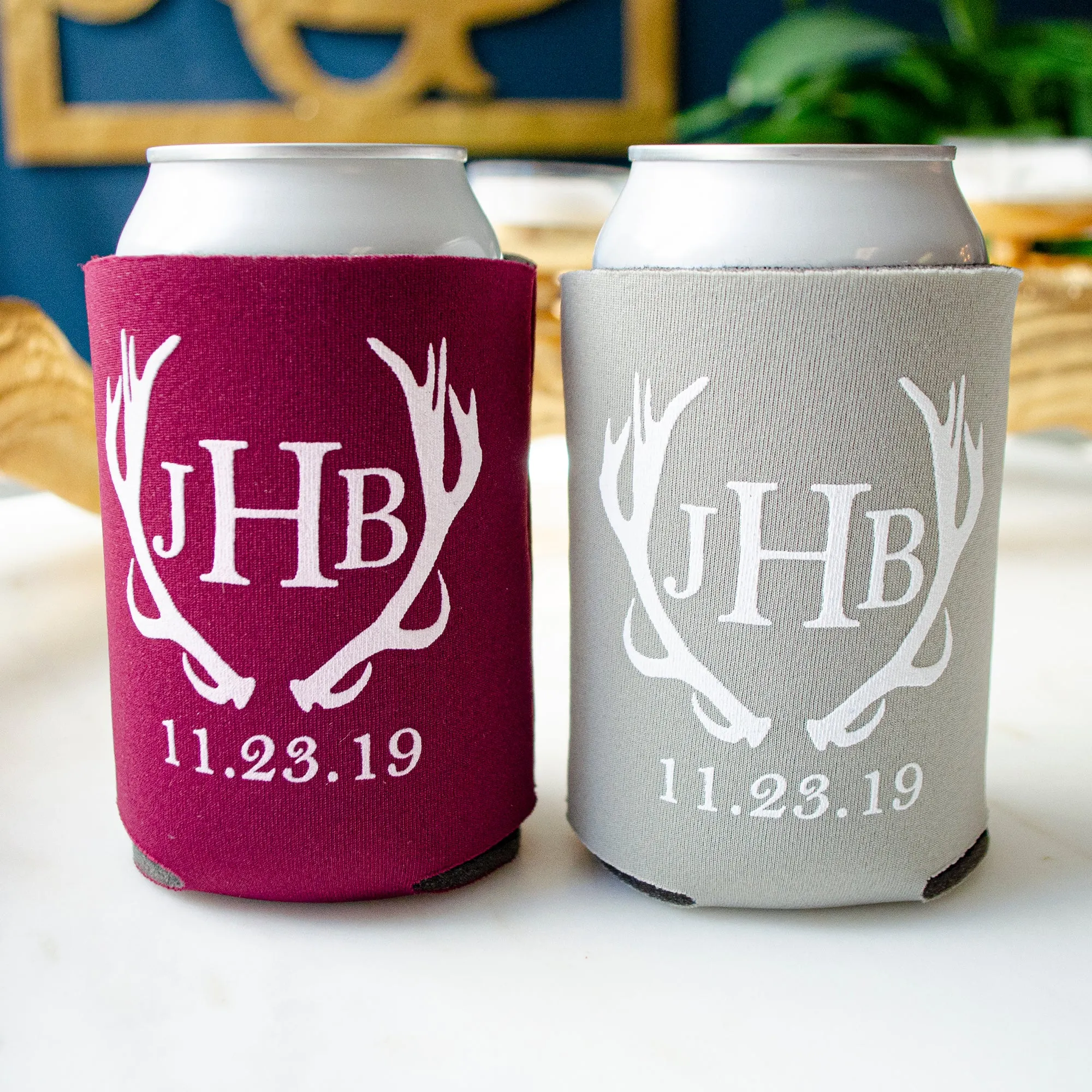 Antler Monogram Wedding Can Coolers