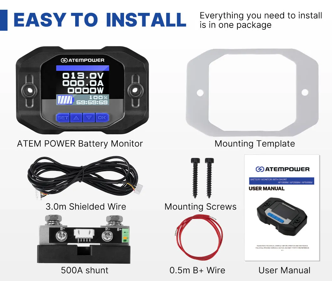 Atem Power Battery Monitor With Shunt High Low Voltage Wire 12V Battery 500A