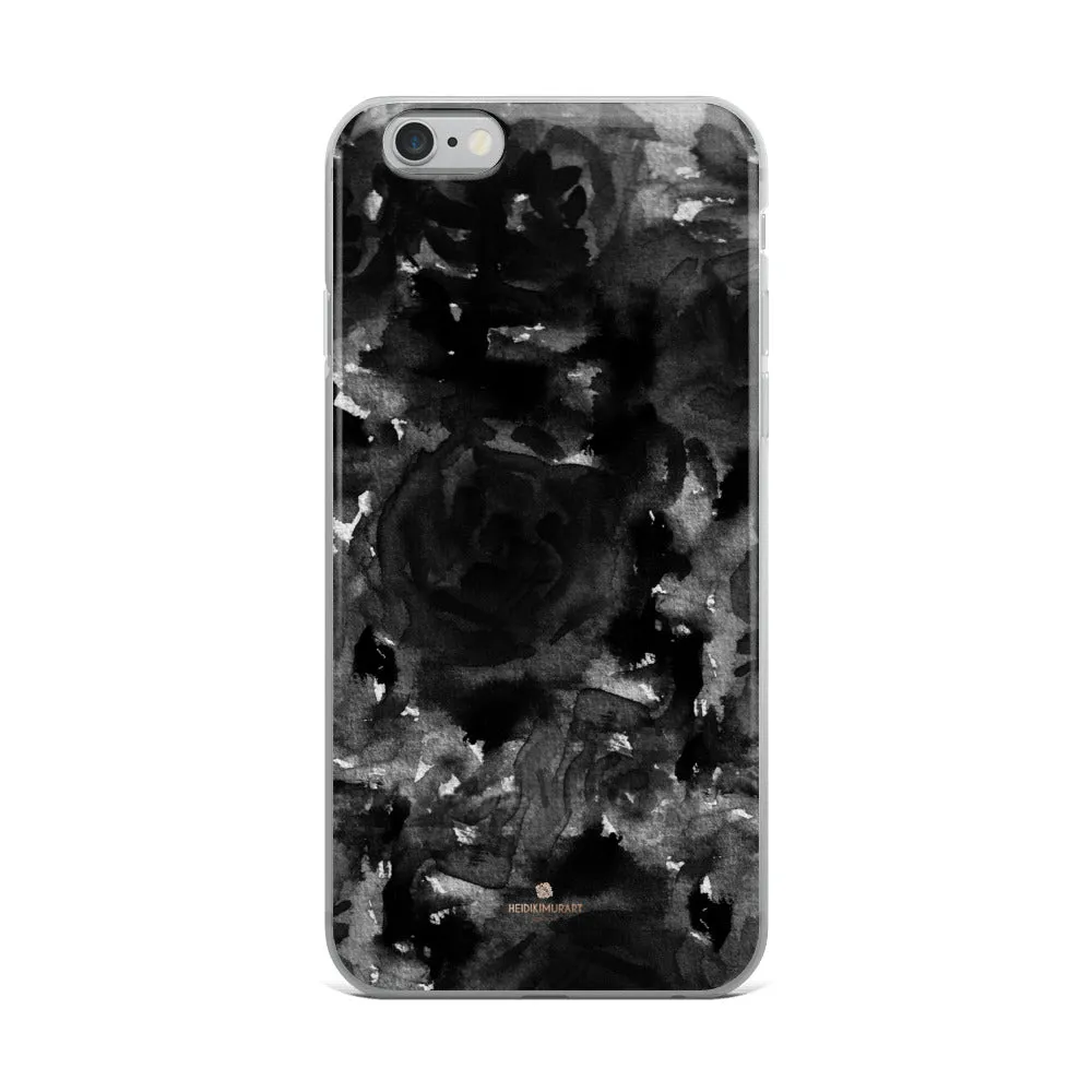 Black Floral Rose iPhone Case, Abstract Floral Art Watercolor Phone Case-Printed in USA/EU/MX