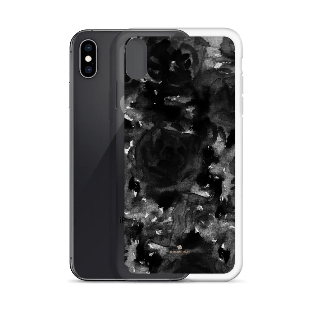 Black Floral Rose iPhone Case, Abstract Floral Art Watercolor Phone Case-Printed in USA/EU/MX