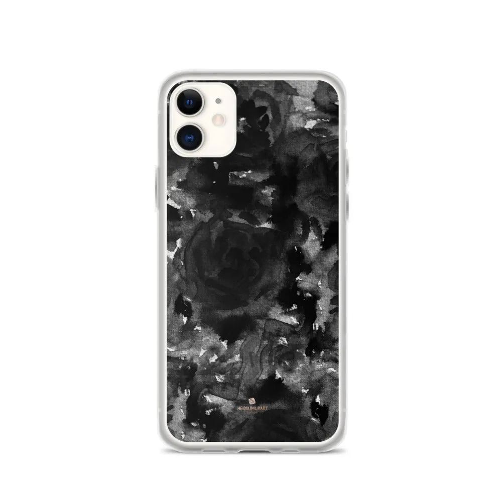 Black Floral Rose iPhone Case, Abstract Floral Art Watercolor Phone Case-Printed in USA/EU/MX