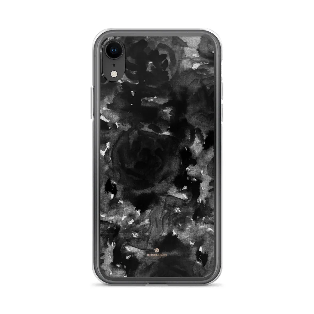 Black Floral Rose iPhone Case, Abstract Floral Art Watercolor Phone Case-Printed in USA/EU/MX