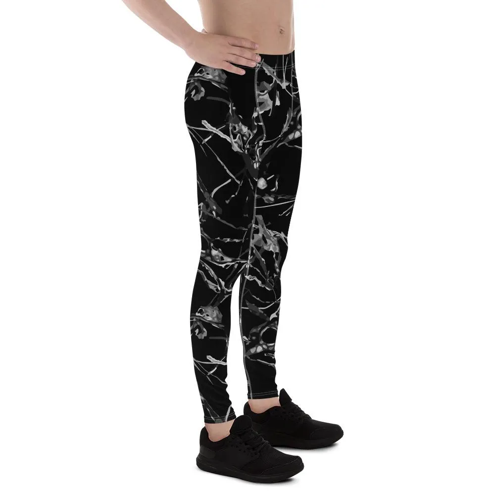 Black Marble Print Meggings, Men's Leggings Compression Tight Pants - Made in USA/ MX/ EU