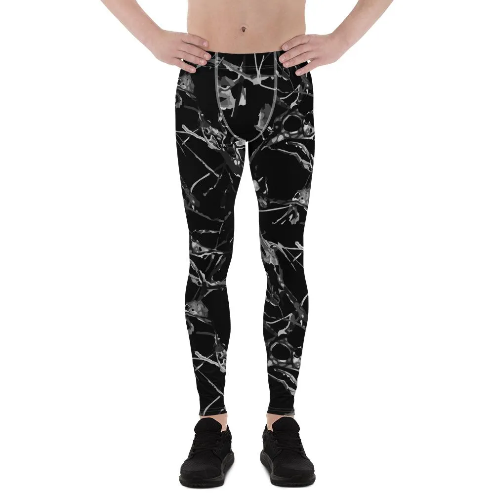 Black Marble Print Meggings, Men's Leggings Compression Tight Pants - Made in USA/ MX/ EU