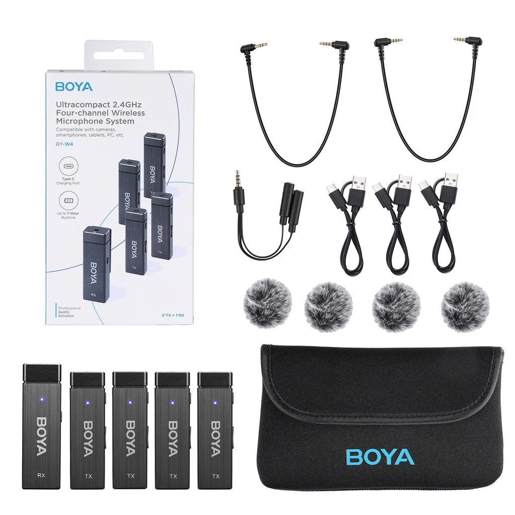 BOYA BY-W4 4-Channel Wireless Microphone 2.4GHz System 4 People Using(4 Transmitters & 1 Receiver) for Cameras Camcorder