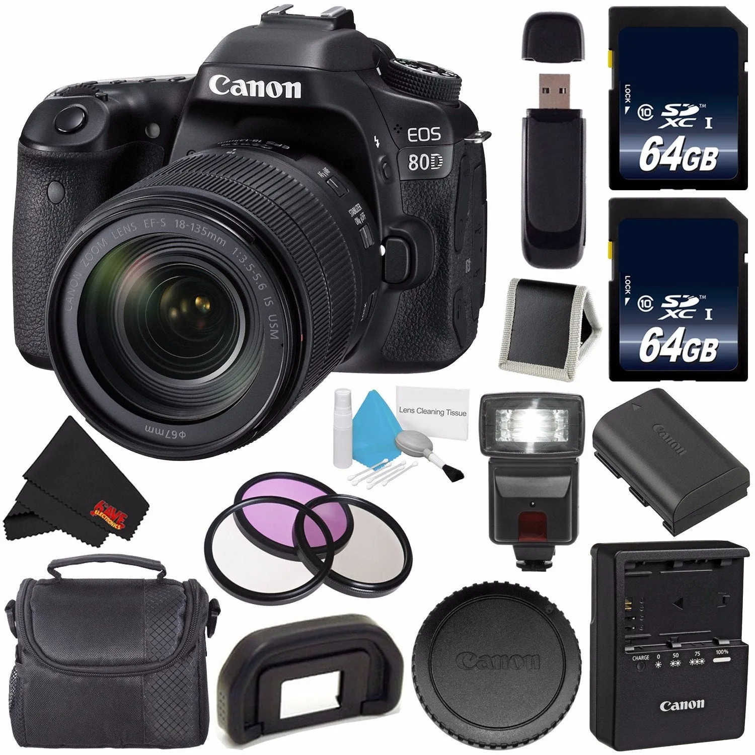 Canon EOS 80D DSLR Camera with 18-135mm Lens 1263C006 (International Version)   64GB Memory Card   Carrying Case Bundle