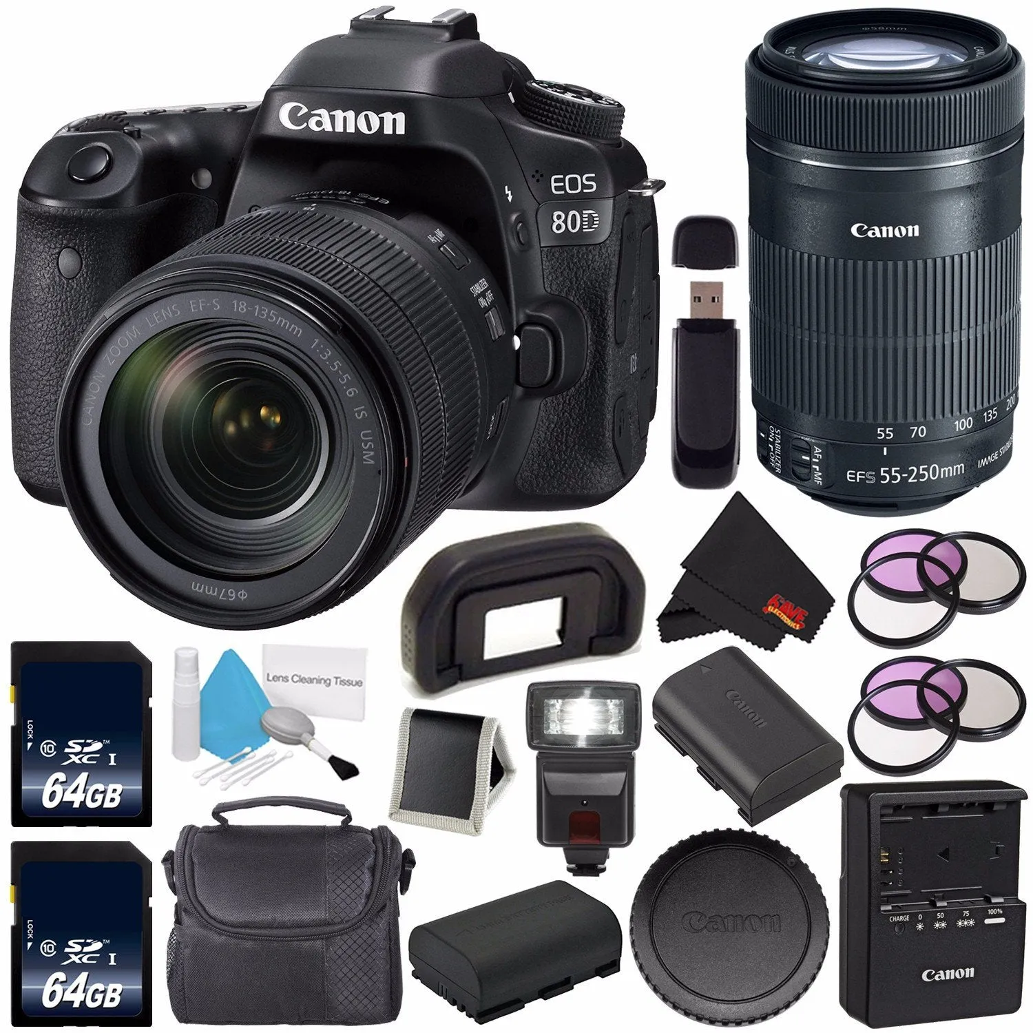 Canon EOS 80D DSLR Camera with 18-135mm Lens 1263C006 (International Version)   Canon EF-S 55-250mm Lens   64GB SDXC Car