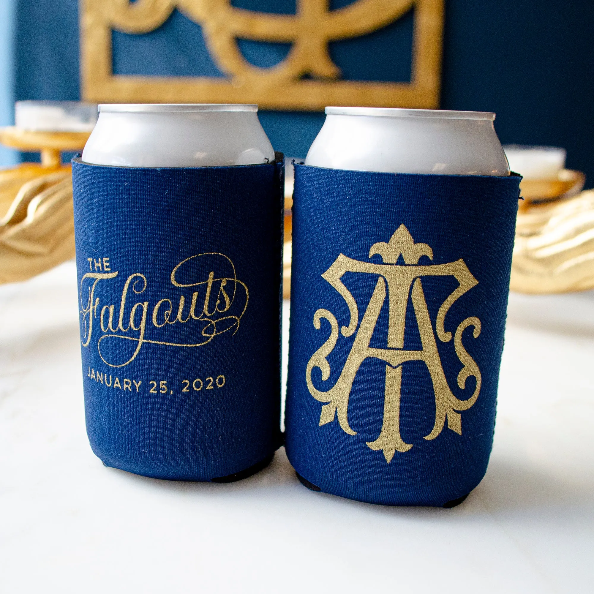 Custom Monogrammed Navy Can Cooler Favors