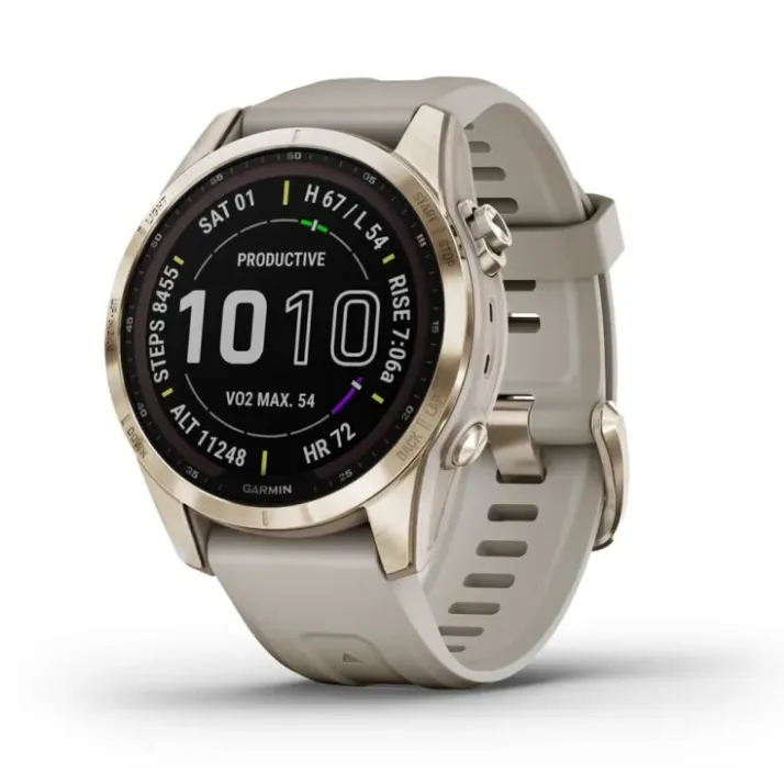 Garmin Fenix 7S Watch - Sapphire Solar Edition Cream Gold Titanium with Light Sand Band