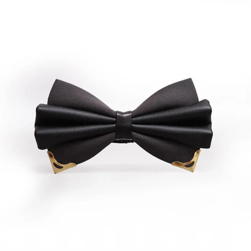 Men's Double Layer Faux Leather Golden Tipped Bow Tie