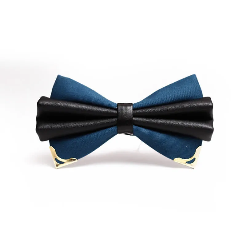 Men's Double Layer Faux Leather Golden Tipped Bow Tie