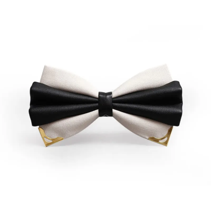 Men's Double Layer Faux Leather Golden Tipped Bow Tie