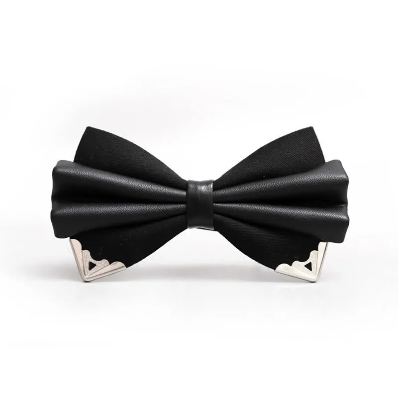 Men's Double Layer Faux Leather Golden Tipped Bow Tie