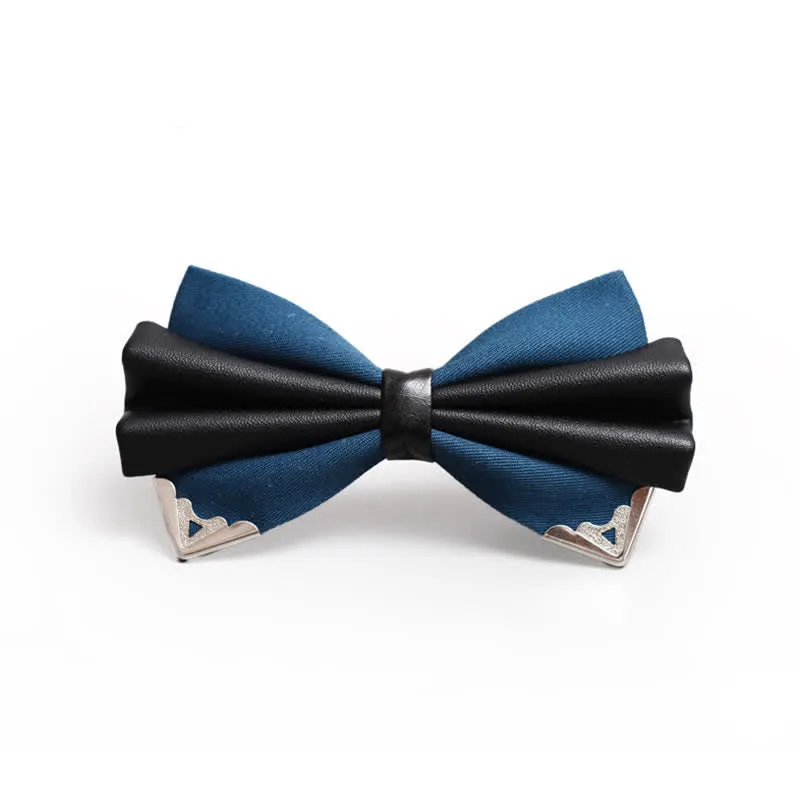 Men's Double Layer Faux Leather Golden Tipped Bow Tie