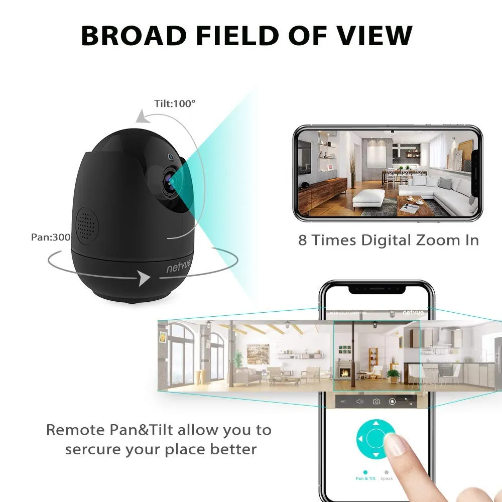 Netvue Home Security Camera, Work with Alexa Echo show 360 degree View, Wireless IP Camera with AI. Human Detection P/T/Z, TF Card Record, 2 Way Audio, Night Vision, Baby Monitor, Pet Camera