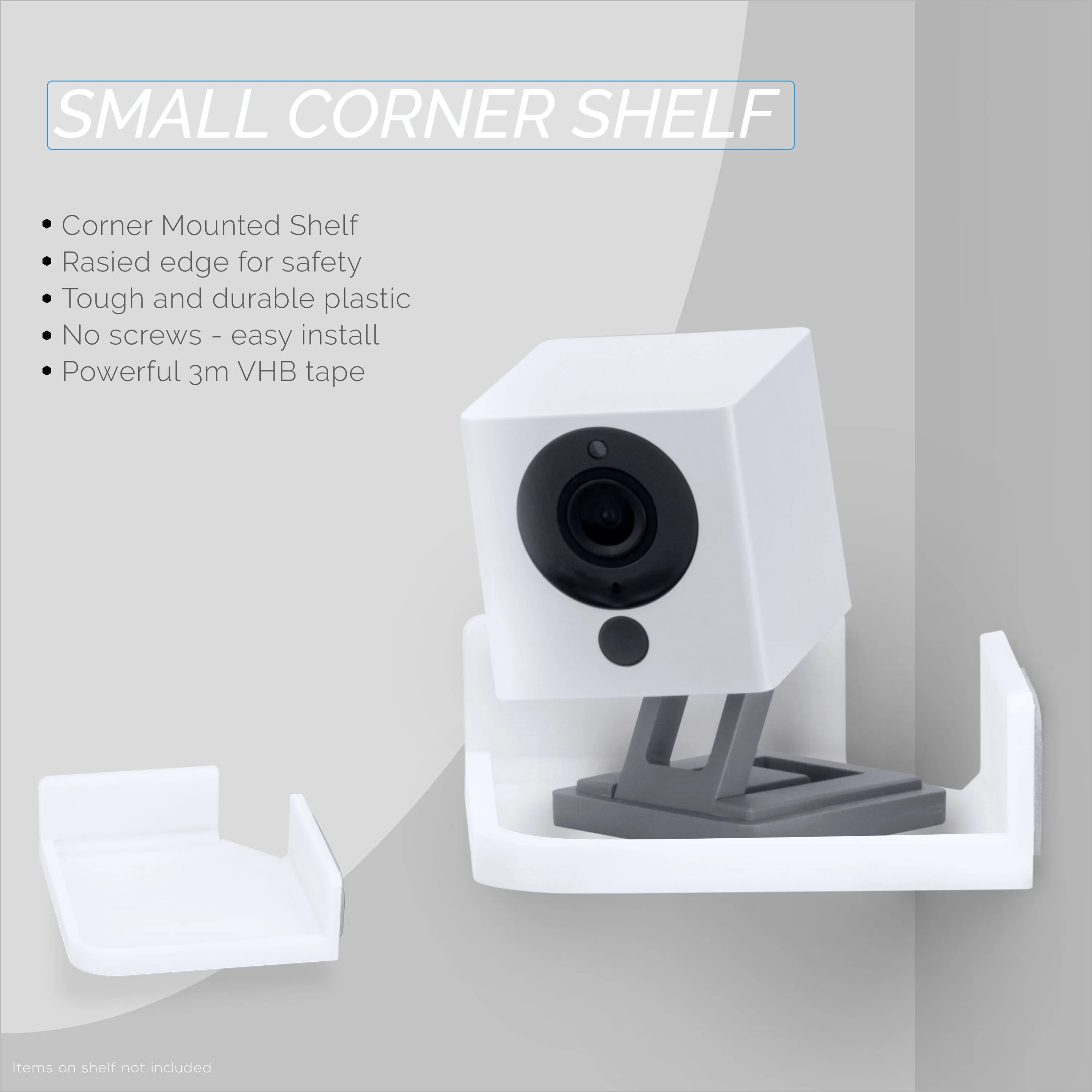 Small Adhesive Corner Floating Shelf for Security Cameras, Baby Monitors, Speakers, Plants & More